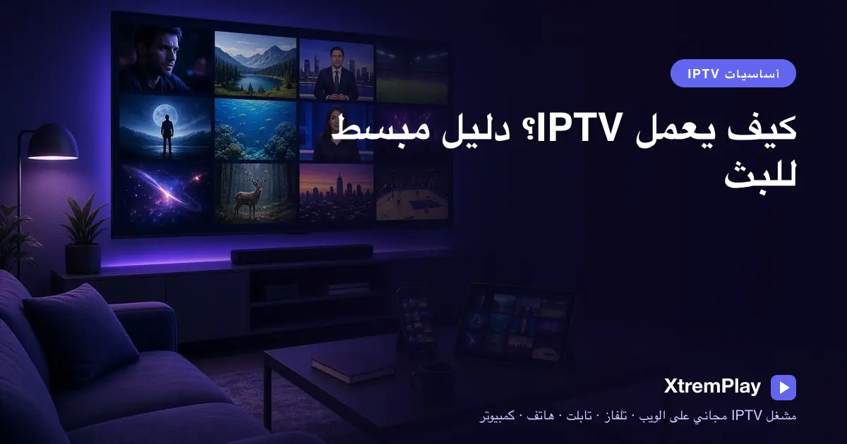 رسم توضيحي لخادم IPTV يرسل بثًا عبر الإنترنت إلى مشغل على تلفاز أو جهاز لوحي أو هاتف أو كمبيوتر