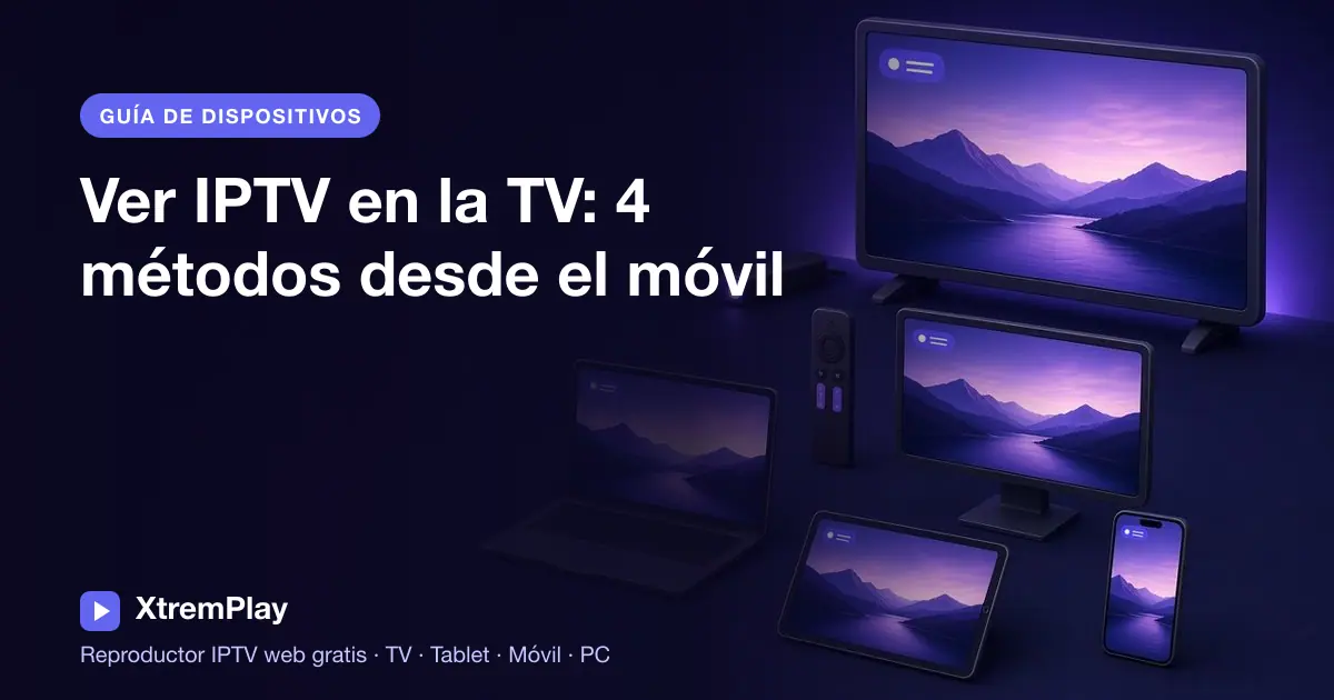 Móvil enviando una señal IPTV a un televisor junto a las opciones Chromecast, AirPlay, Miracast y HDMI