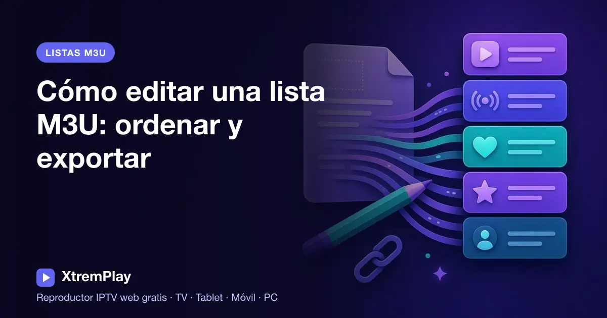 Editor de listas M3U con grupos de canales organizados y eliminación de duplicados