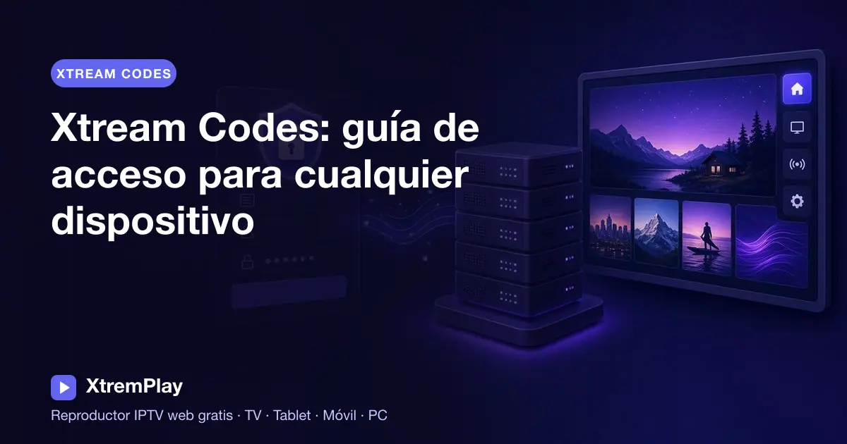 Formulario de acceso a Xtream Codes en un navegador, mostrado en un teléfono, una tableta, un ordenador y una Smart TV