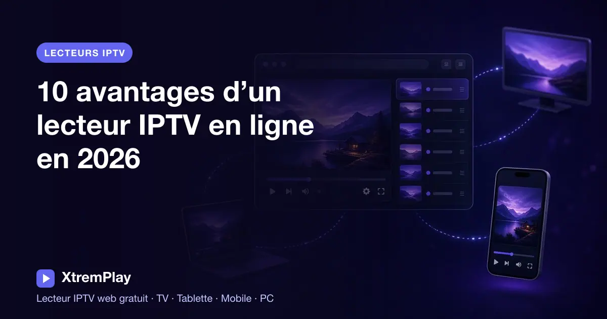 Une personne regarde un flux IPTV dans un navigateur sur une Smart TV, une tablette, un téléphone et un ordinateur
