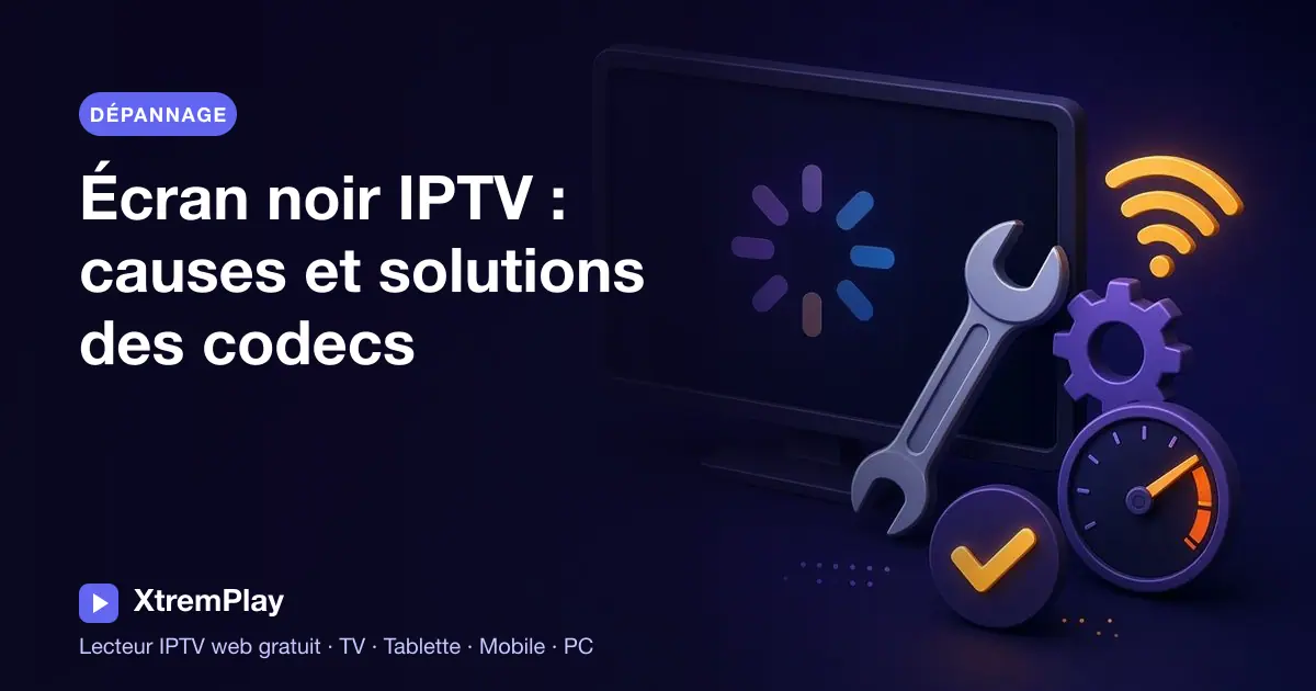 Un spectateur diagnostique un écran noir IPTV et vérifie les paramètres des codecs vidéo et audio sur un téléviseur