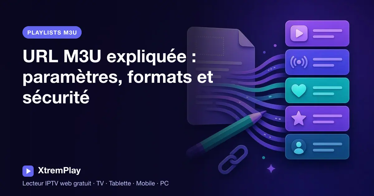 Illustration expliquant les paramètres d’une URL M3U, les formats TS et M3U8 et le partage sécurisé d’une playlist