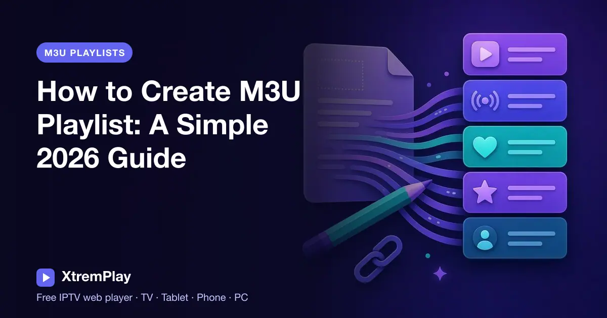 A text editor displaying an M3U playlist beside a TV, tablet, phone, and computer