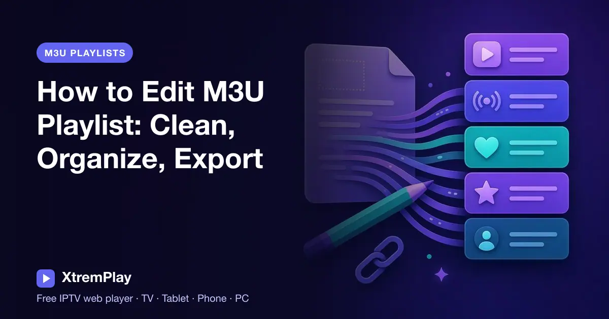 M3U playlist editor showing organized channel groups and duplicate cleanup