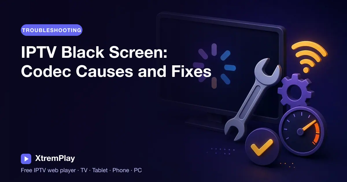 Viewer troubleshooting an IPTV black screen and checking video and audio codec settings on a TV