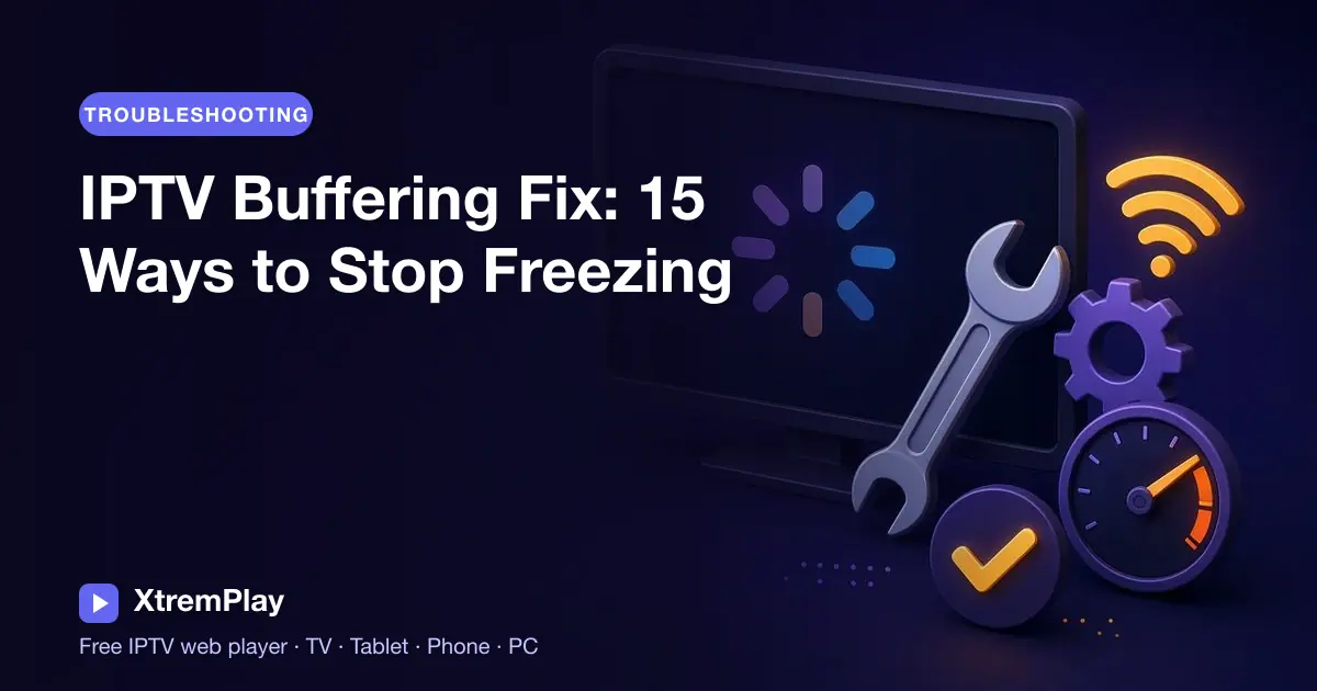 Viewer troubleshooting IPTV buffering on a television, tablet, phone, and computer