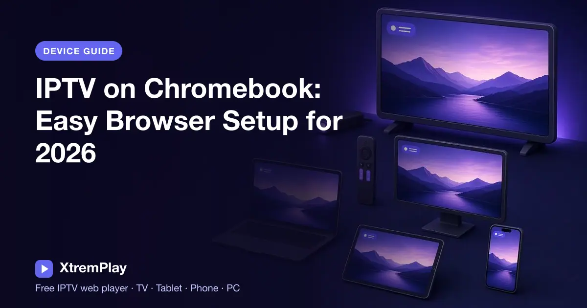 A Chromebook displaying an IPTV web player in a browser