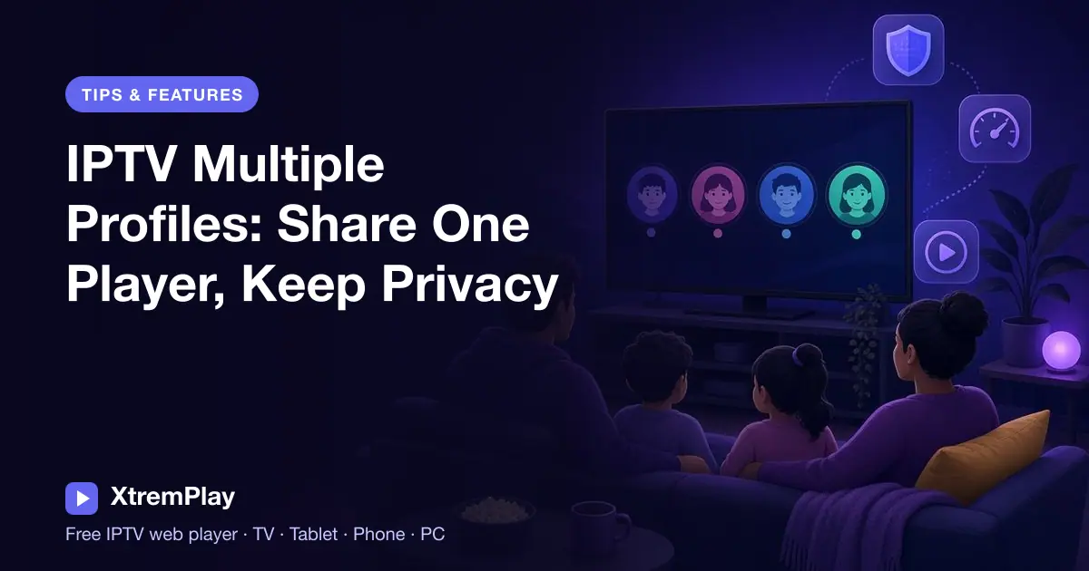 Family using separate IPTV profiles on a TV, tablet, phone, and computer