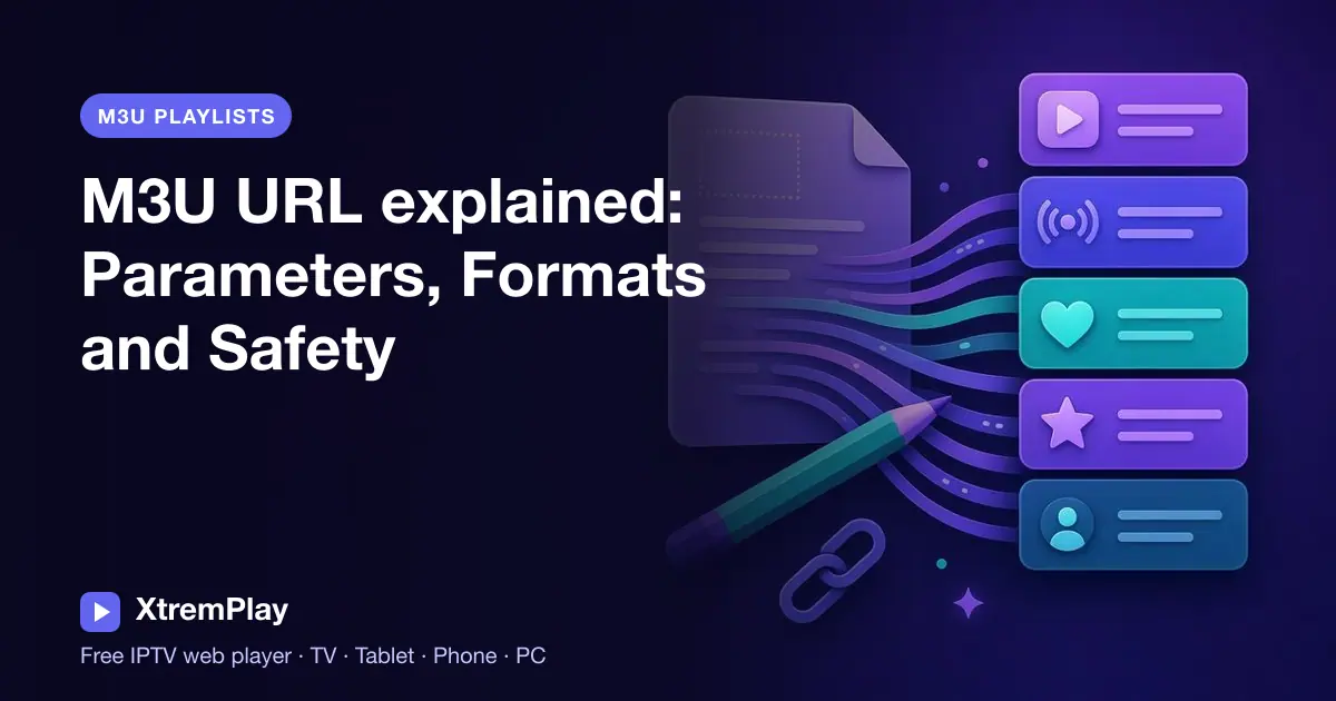 Illustration explaining M3U URL parameters, TS and M3U8 formats, and safe playlist sharing
