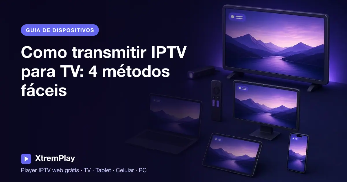 Celular transmitindo uma programação de IPTV para uma televisão, com opções de Chromecast, AirPlay, Miracast e HDMI
