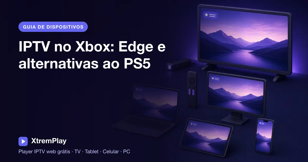 Uma televisão exibindo um player de IPTV no navegador ao lado de um controle de Xbox