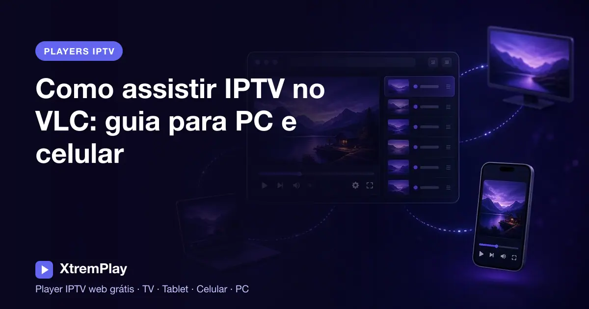 Guia de configuração de IPTV no VLC mostrando uma lista sendo reproduzida no computador ao lado de um smartphone