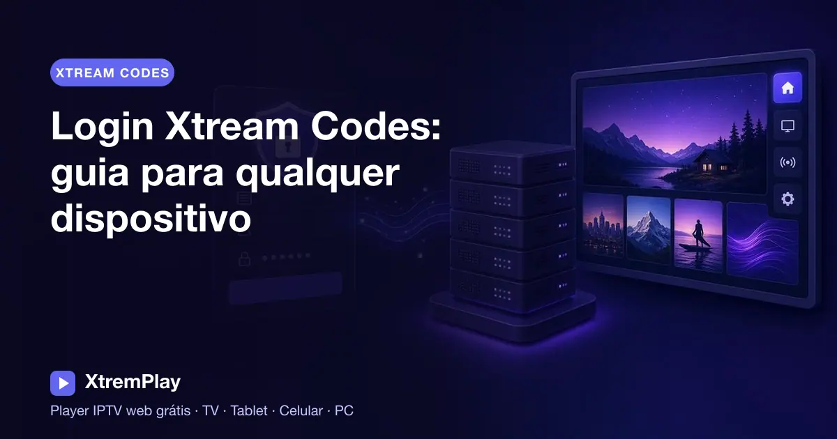 Formulário de login do Xtream Codes aberto em um navegador em um celular, tablet, computador e Smart TV