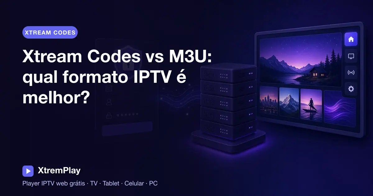 Comparação dos formatos IPTV Xtream Codes e M3U em VOD, velocidade, EPG e segurança