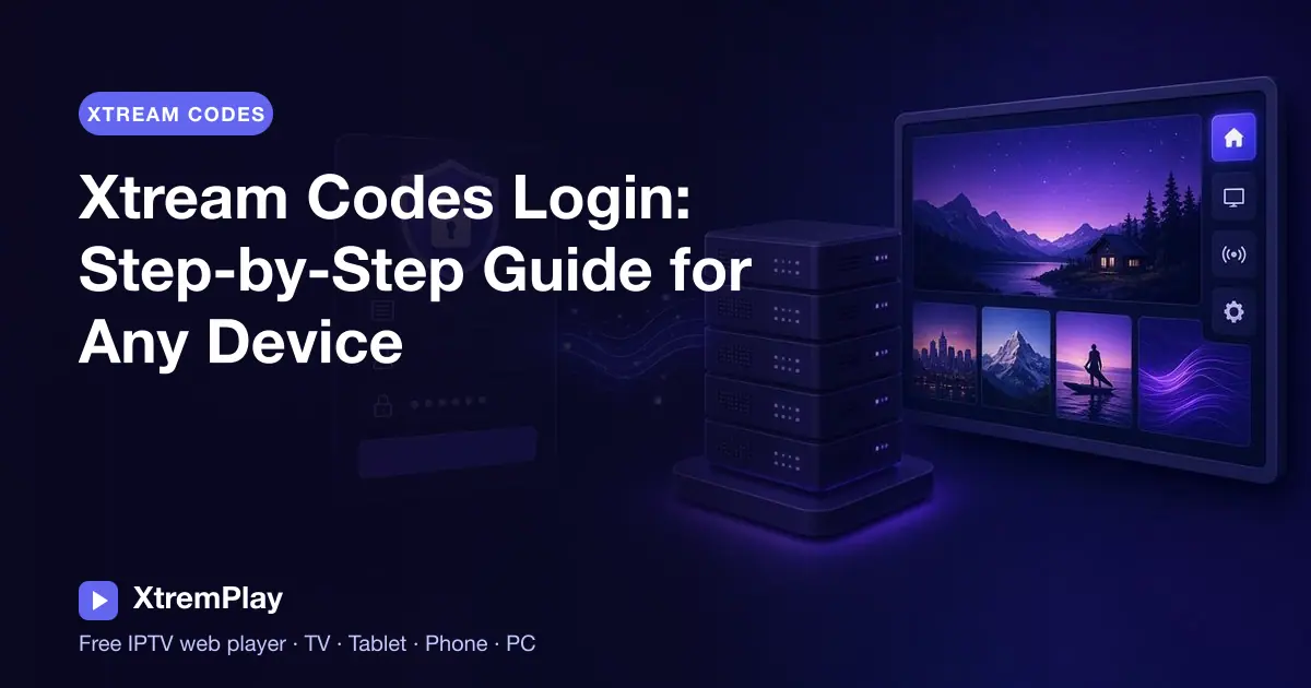 Xtream Codes login form displayed on a browser across a phone, tablet, computer, and Smart TV